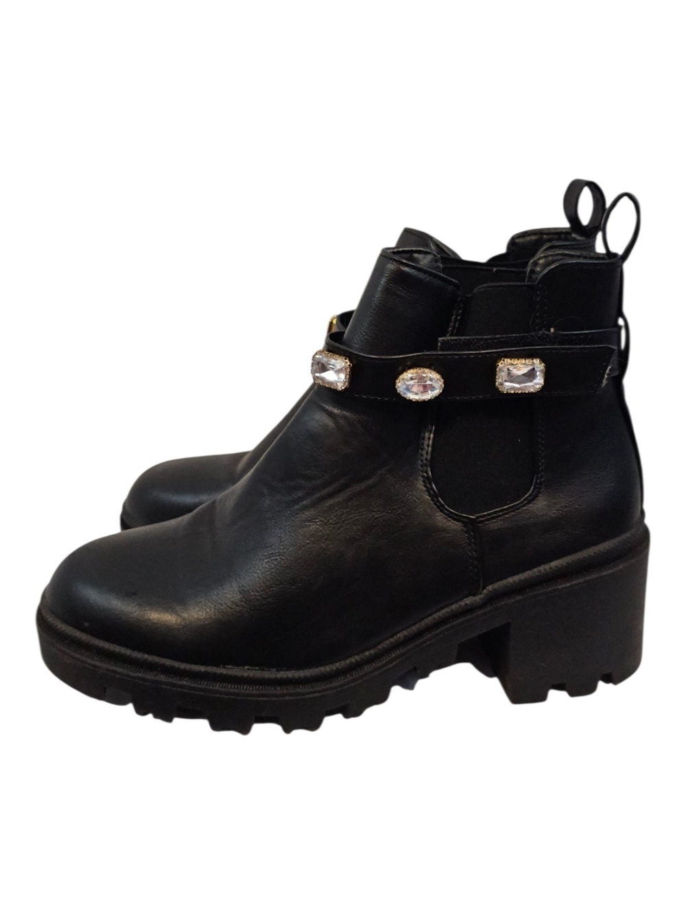 Nicole Miller Size 8 Black Pull On Boots W/ Faux Rhinestones